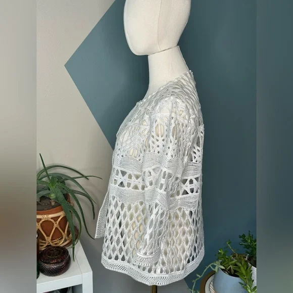 Chico’s Travelers White Open Knit Cardigan Sheer Crochet 3/4 Sleeve Jacket 4/6P - Picture 3 of 11